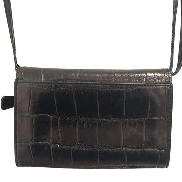 Brighton Vintage Black Croc Embossed Leather Crossbody Bag Heart Lock Charm Luxe - Picture 2 of 11